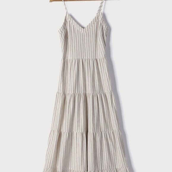 NWT Lulus Beauty at the Beach Tan Striped Tiered Tassel Maxi Dress - Picture 2 of 10